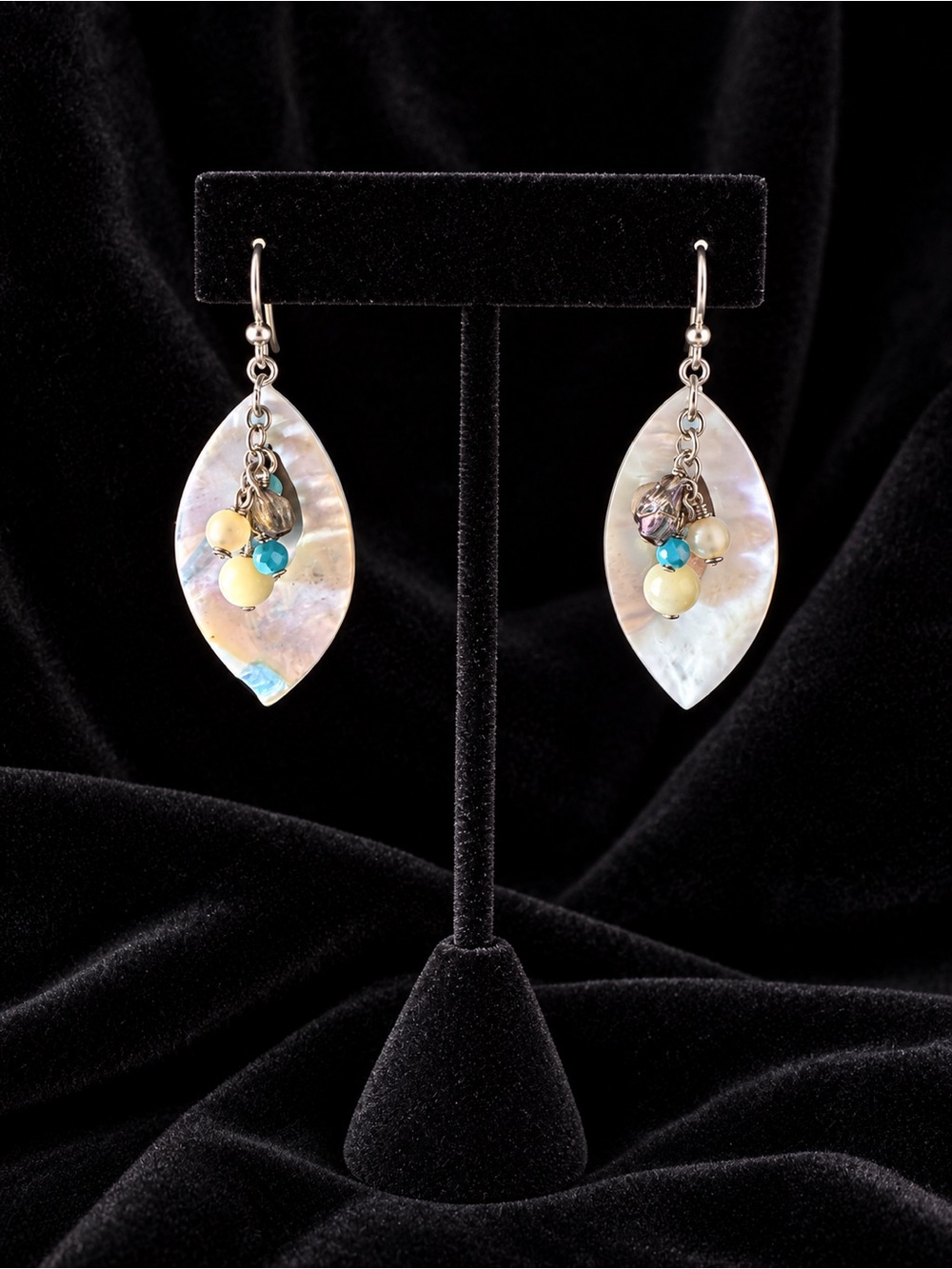 Mother-of-Pearl Drop Earrings with Turquoise and Cream Beads